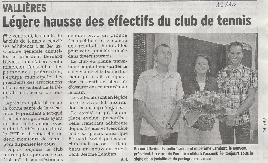 Article du tennis club de VALLIERES sur le dauphine